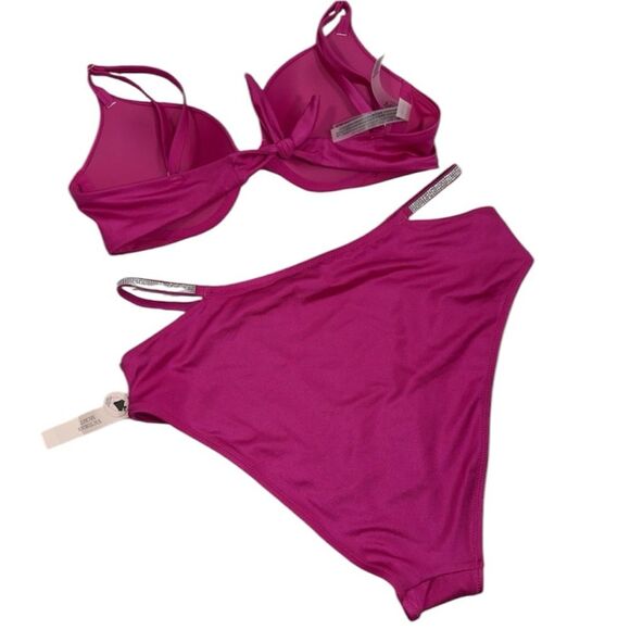 NWT VS BLING PUSH UP TOP 34C & STRAPPY BLING HIGH WAIST CHEEKY BIKINI SWIMSUIT L - Picture 2 of 9